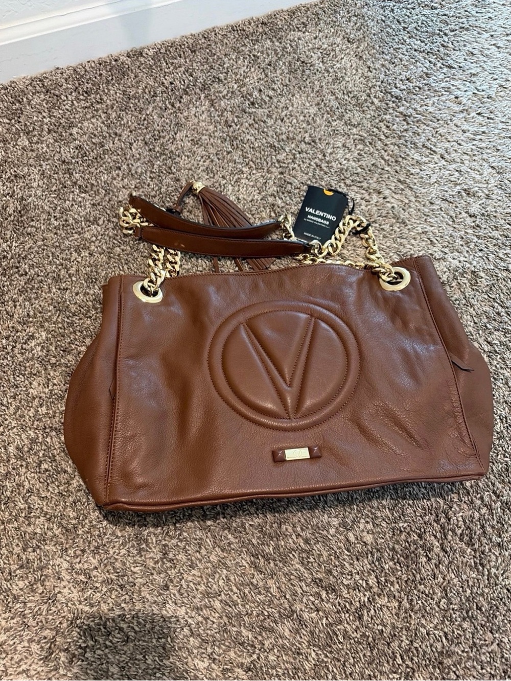 Valentino By Mario Valentino Chestnut Brown Leather Shoulder Bag with Gold Chain